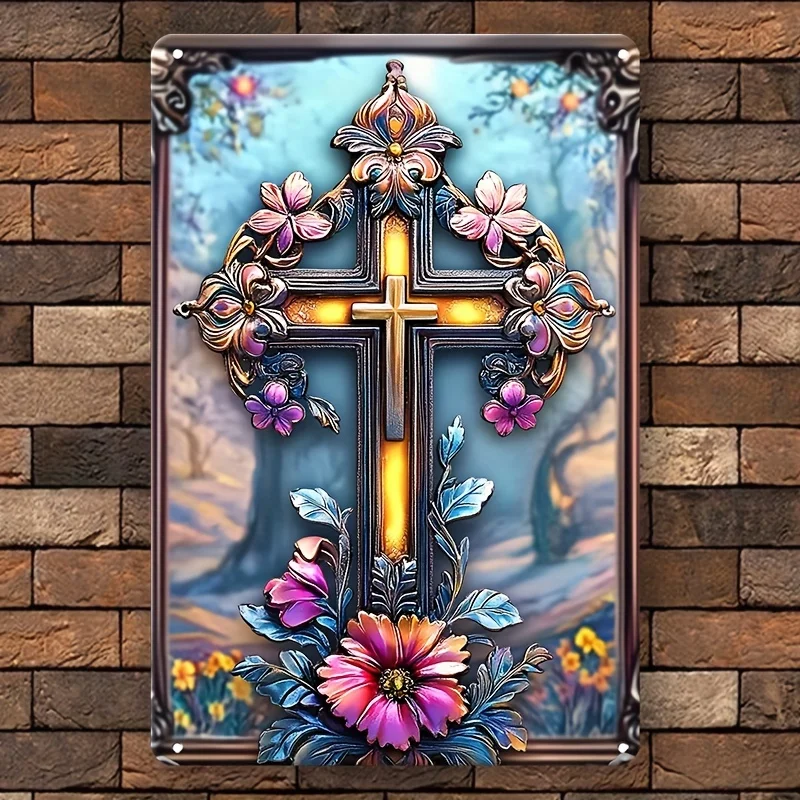 Boho Style Aluminum Cross Wall Hanging Sign - 7.87x11.81inch Decorative Metal Plaque for Living Room, Home, Farm, Door