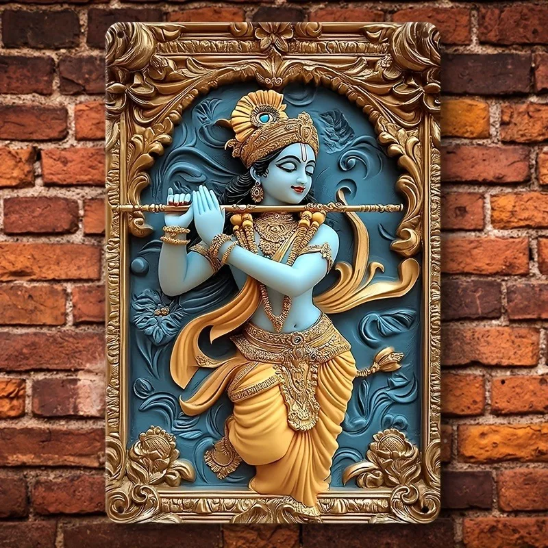 Bohemian Style Aluminum Metal Sign, 2D Flat Krishna Theme, Square Plaque, Wall Hanging, Festive Decor, Decorative Wall Poster