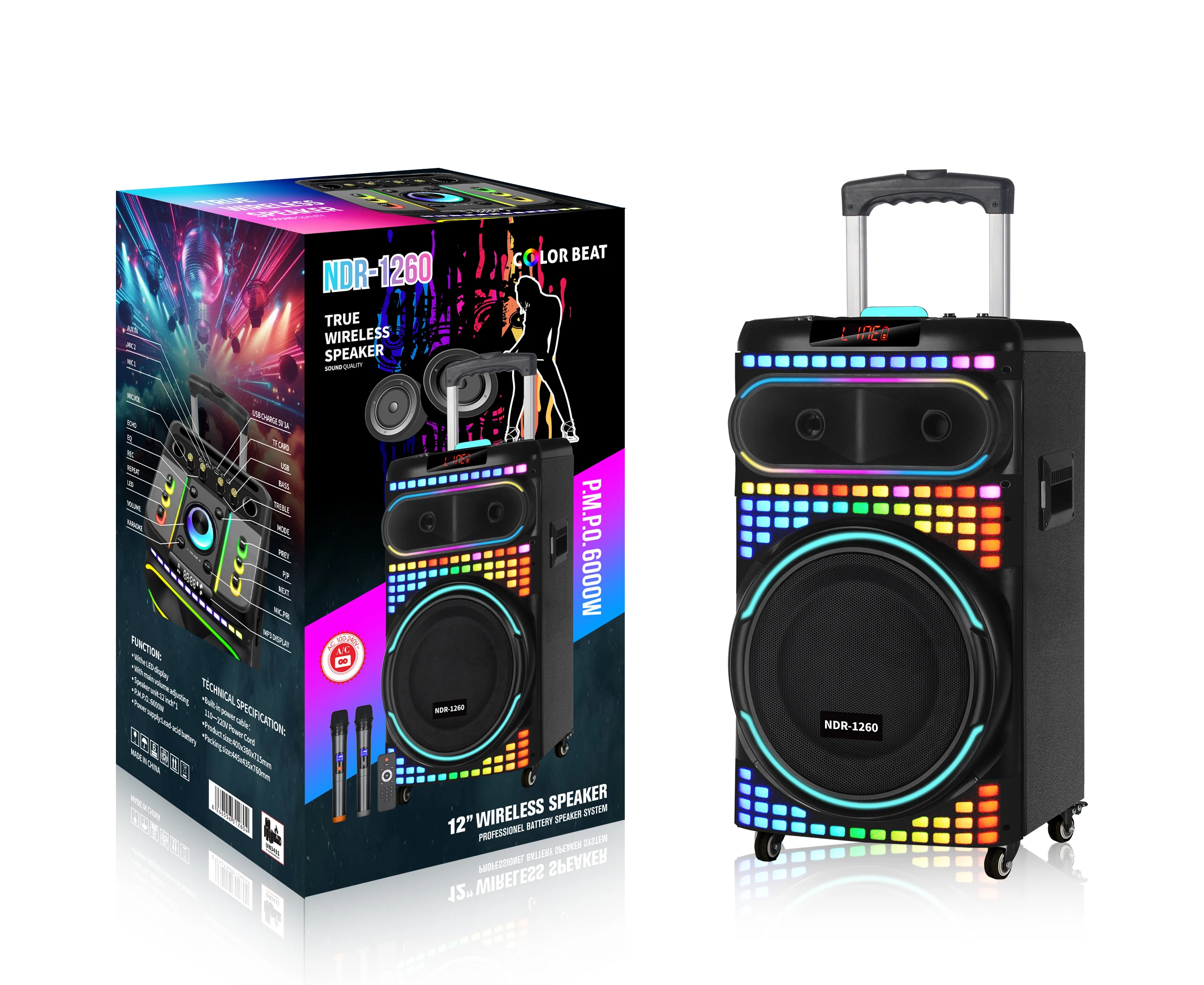 Party NDR-1260 Single 12inch Wooden Cool Powerful Box Party Speaker With Flashing Wireless MIC
