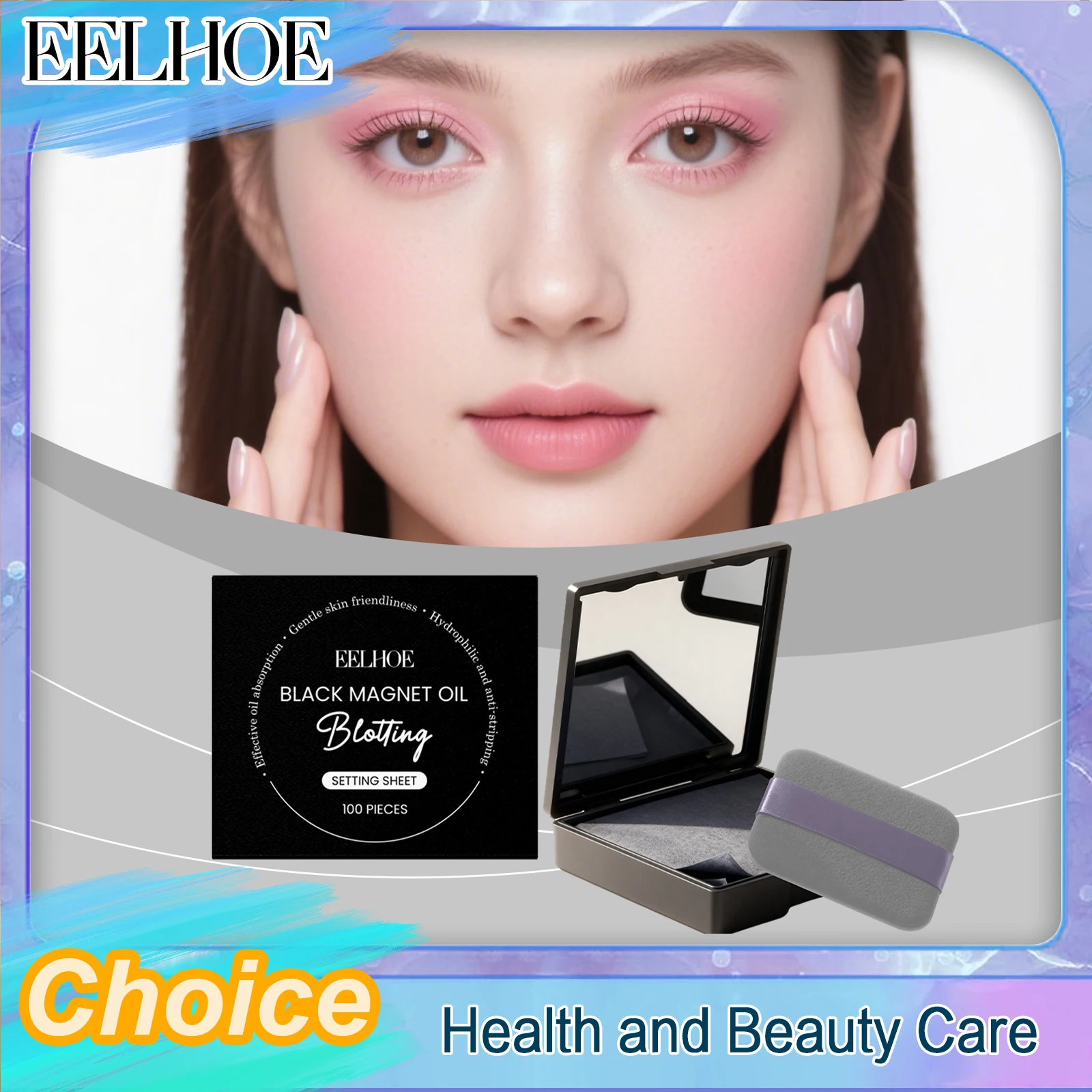 EELHOE Facial Oil Blotting Paper With Mirror Powder Puff Protable Oil Control Refreshing Oil Absorbing Sheets Face Cleaning Tool