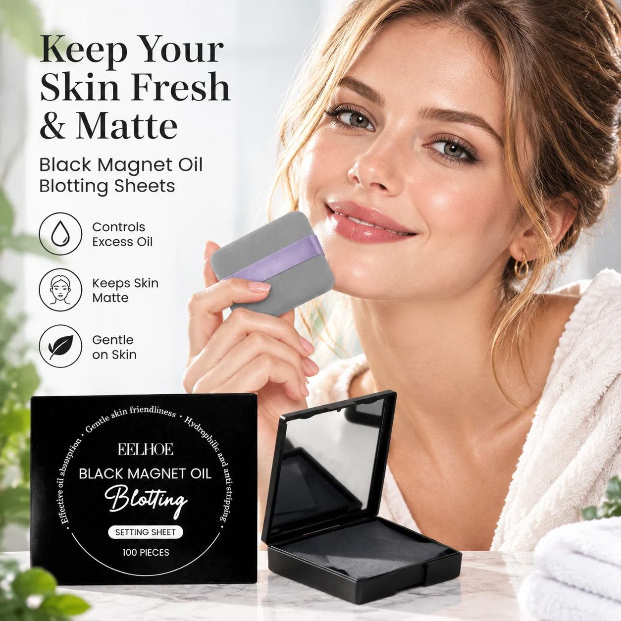 EELHOE Black Magnet Oil Blotting Setting Sheet with Powder Oil Control Face Makeup Refreshing Oil-Absorbing Paper & Puff 100pcs