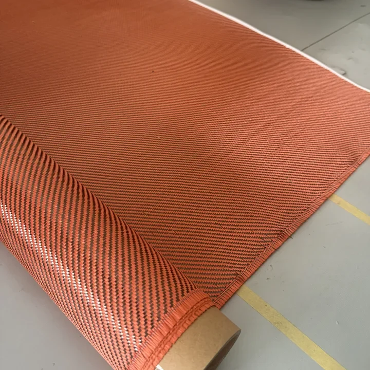 3K 200g/m2 2x2 orange Kevlar and carbon fiber blended fabric, aramid fiber mixed carbon Kevlar fabric
