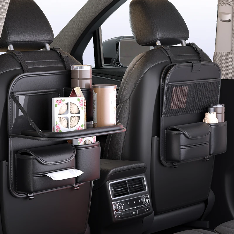 PU Leather Multi-Functional Foldable Car Seat Back Storage Hanging Bag Vehicle Headrest Table Top Organizer