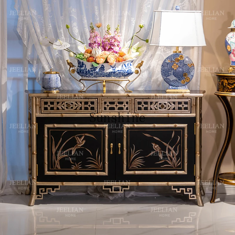 American Rural Luxury Solid Wood Gold Foil Hand-Painted 1.4 Meters Bamboo Joint Storage Foyer Entrance Cabinet