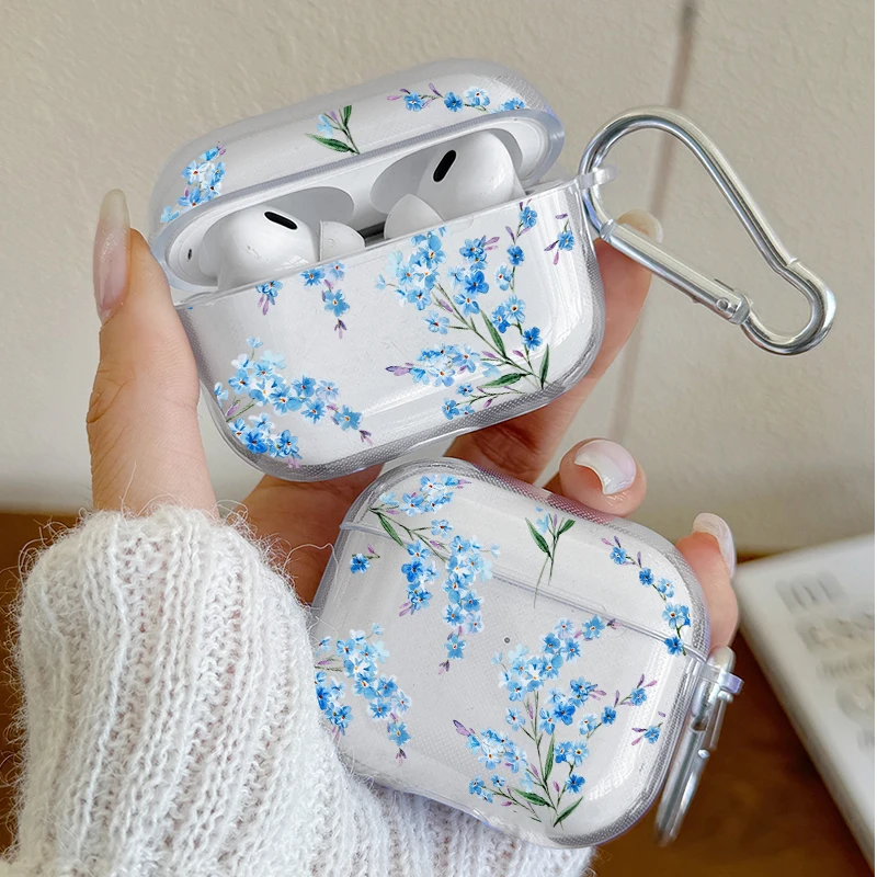 Clear TPU Light Blue Floral Cases for Airpods Pro2/Pro3 /Pro Fashion Silicon Headphone Cover for AirPods 4/3/2/1 Earphone Case