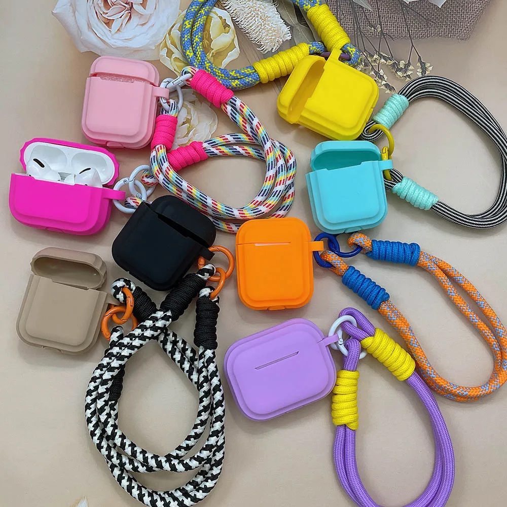 Silicone Case for Apple AirPods 4 1 2 Pro 3rd Generation Case with Strap Lanyard Cute Candy Color Soft Earphone Protective Cover