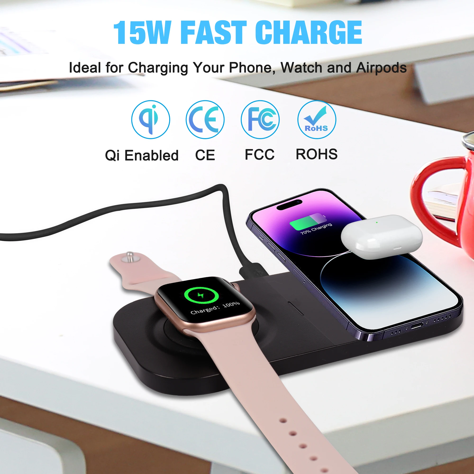 Wireless Charger Support Simultaneous Charging Phone Watch Earphone Light Weight Portable 8w Charge Wide Compatible Wireless