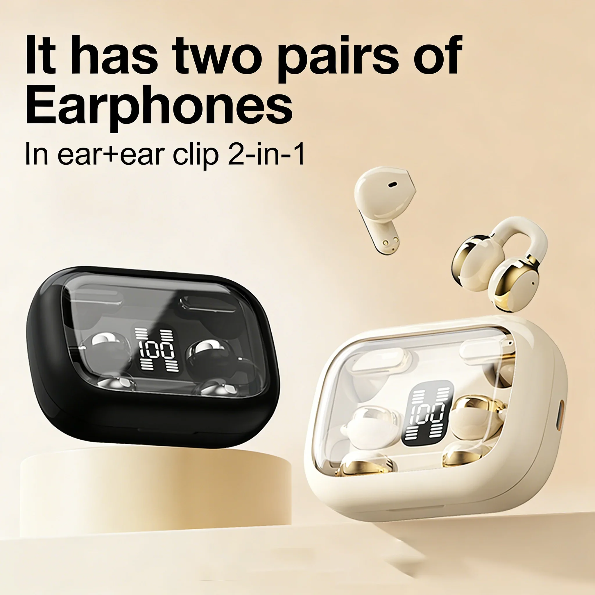 Two Pairs Wireless Earbuds 2 in 1 Ear Clip In-ear Bluetooth 5.4 ENC Noise Canceling LED Digital Display HIFI Stereo For Couple