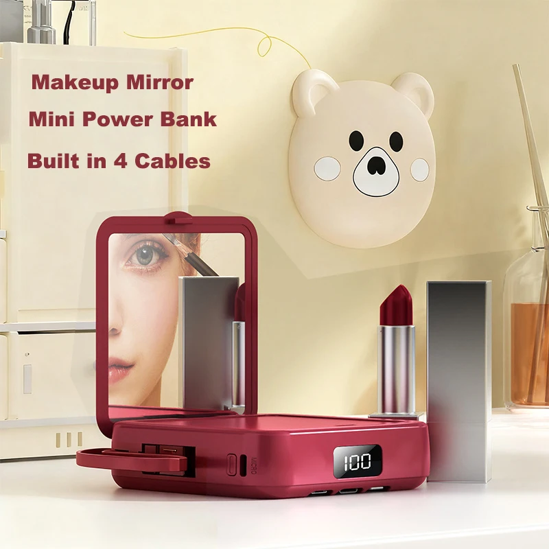 Mini Power Bank 20000mAh Portable Charger Cute Cartoon Makeup Mirror Powerbank for iPhone Samsung Huawei Xiaomi External Battery