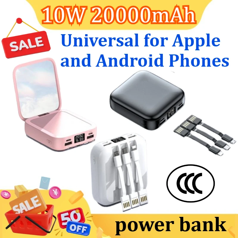 10W 20000mAh Power Bank with Makeup Mirror Detachable Digital Display External Battery Built in Cable for iPhone for Samsung