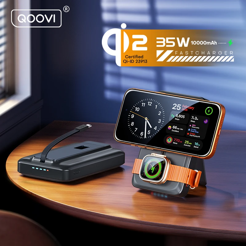 QOOVI Qi2 Magnetic Power Bank 35W 10000mah Portable Charger For MagSafe 15W Wireless Fast Charging For iPhone 17 16 15 iWatch