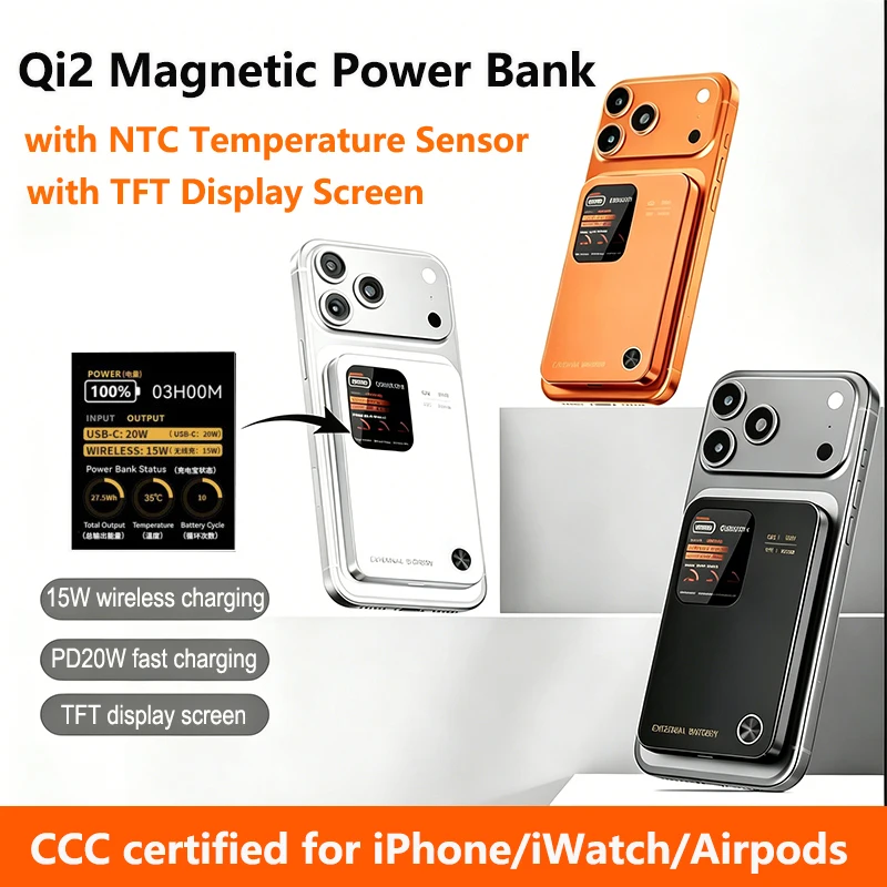 Qi2 Magnetic Power Bank with NTC Temperature Sensor TFT Screen Wireless Fast Charger Powerbank For Magsafe for iPhone 17 iWatch