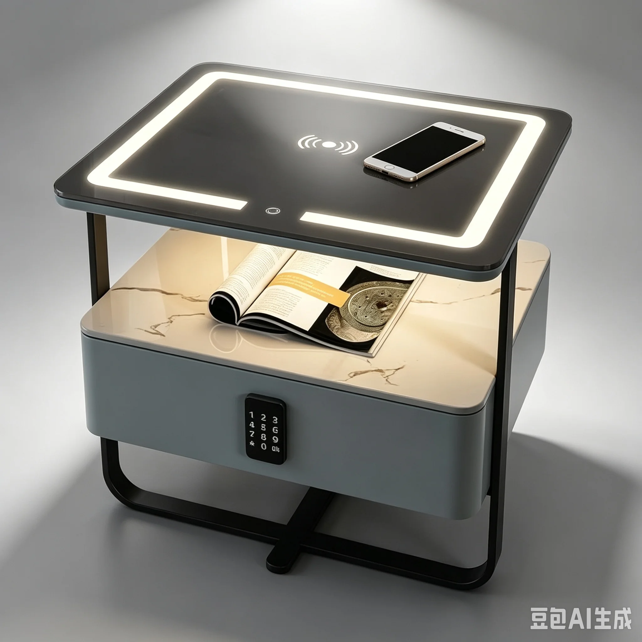 Modern Bedside Table Wireless Charging LED Light High Density Storage Nightstand Bedroom