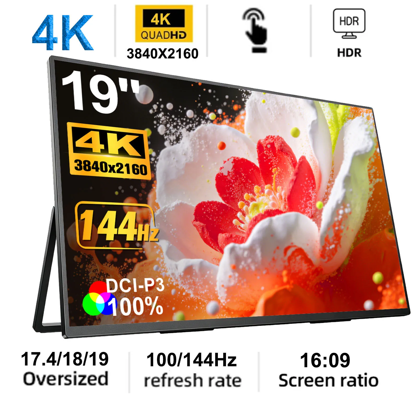 4K Gaming Portable Monitor 17.4/18.5/19 Inch 2160P 100Hz 144Hz HDR HDMI Type C for Phone,NS, PS5, XBOX, PC, Laptop Extend Screen