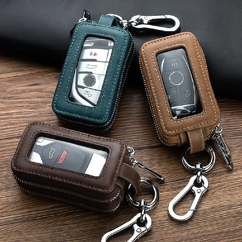 Genuine Cow Leather Home Car Keys' Bag Double Pocket Zipper Mini Wallet Earth Yellow Men Women's Key Holder Transparent Pocket