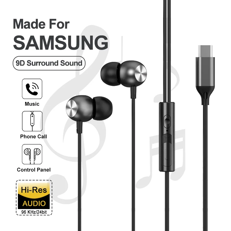 USB Type C Headphones HiFi Stereo Surround Sound In-ear 3.5mm Wired Music Earbuds For Galaxy S24 S23 S22 Ultra iPhone 15 Pro Max