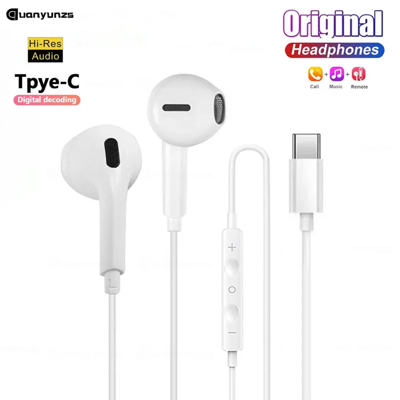 Original USB C Wired Earphones in-ear Earbuds Hifi Bass Type C Headphones for Apple iphone 15 Pro 16 Plus 17 Air 17 Pro Max