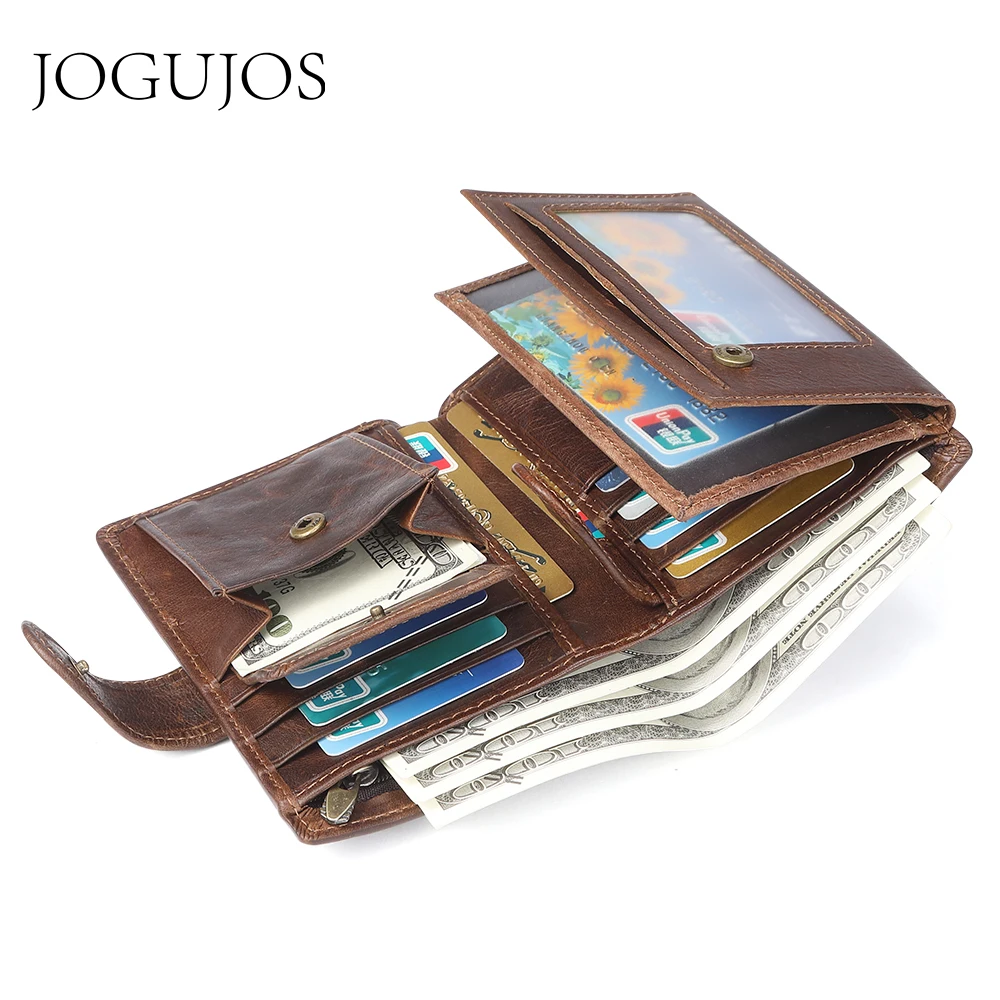JOGUJOS Crazy Horse Leather Men's Wallet Genuine Leather Men Business Wallet  RFID Men Card Id Holder Coin Purse Travel Wallet