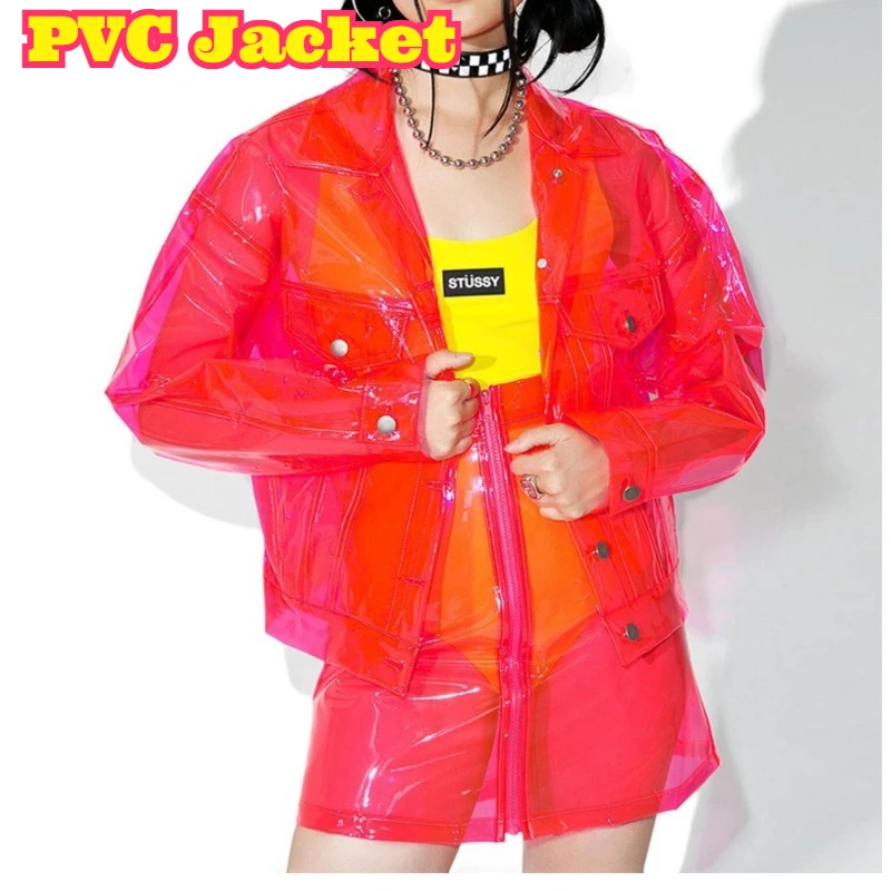 Red Full Transparent PVC Raincoat Plastic Outerwear Trendy Street Style Windproof Waterproof Loose Coat Cool See Through Apparel