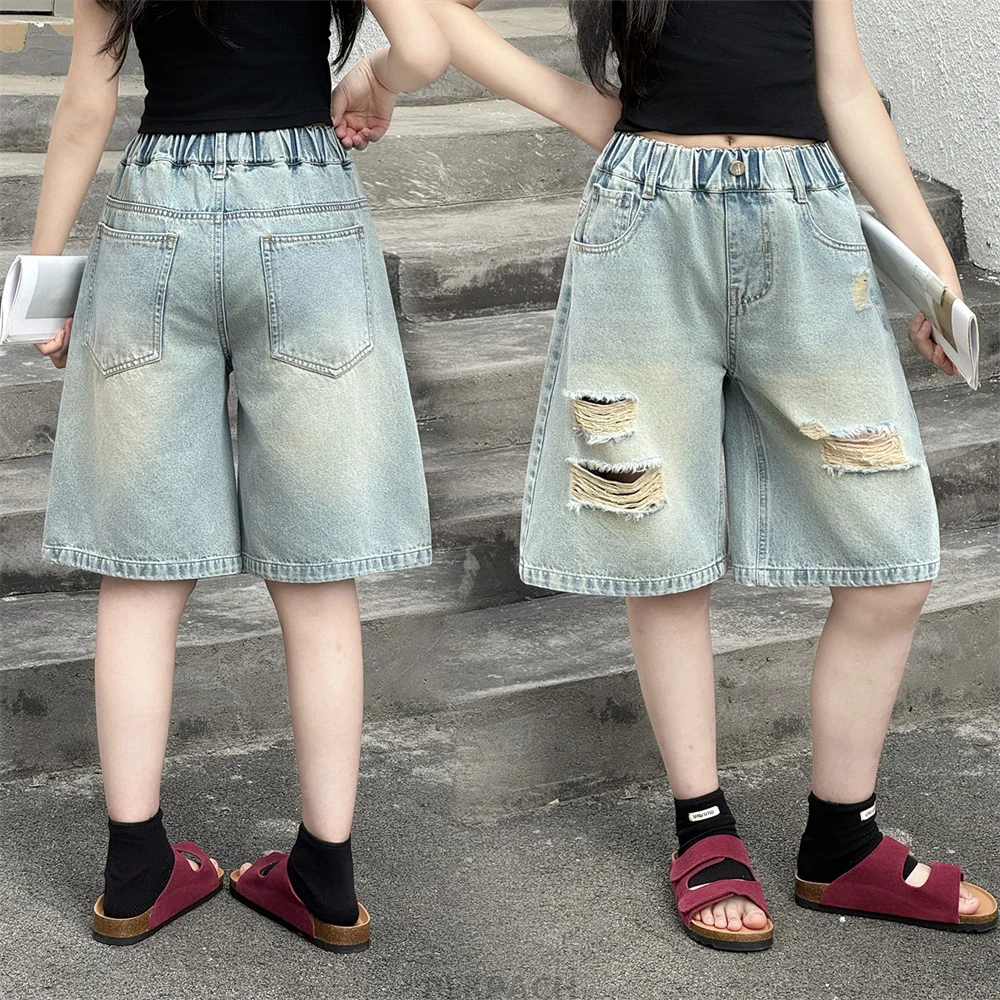 Fashion Street Style Kids Children Destroyed Ripped Denim Shorts with Hole for Boys Girls Trendy Summer Broken Jeans Shorts 5-14
