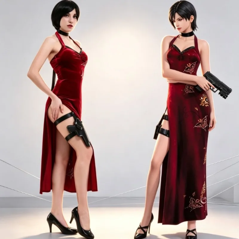 Red Long Cheongsam Dress Ada Wong Resident Evil 4 Remake Cosplay Costume Sleeveless Sexy Split For Women Role Play Party