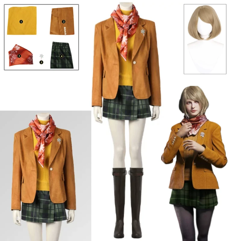Resident Evil 4 Remake Ashley Graham Cosplay Costume White Knit Sweater Brown Leather Skirt Knee High Boots For Women Halloween