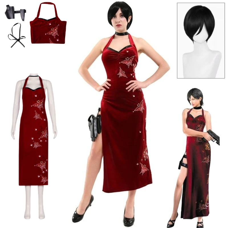 Resident Evil 4 Remake Ada Wong Sleeveless Cheongsam Red Long Dress Sexy Split Cosplay Costume For Women Halloween Party Outfit