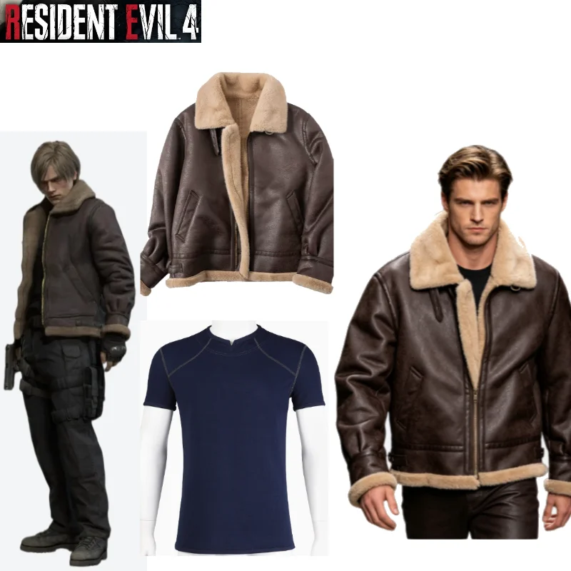 Men's Resident Evil 4 Remake Leon Cosplay Costume Set Agent Style T-shirt And Jacket Game-Themed Role Play Performance Outfit