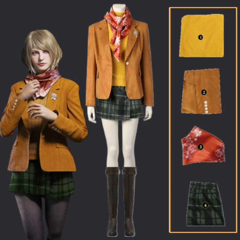 Ashley Graham RE4 Remake Cosplay Costume Cream Cable Knit Top Faux Leather Mini Skirt Thigh High Boots Set For Women Convention