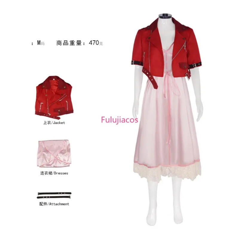 Fulujiacos Remake Aerith Gainsborough Cosplay Costume Red Coat Pink Dress
