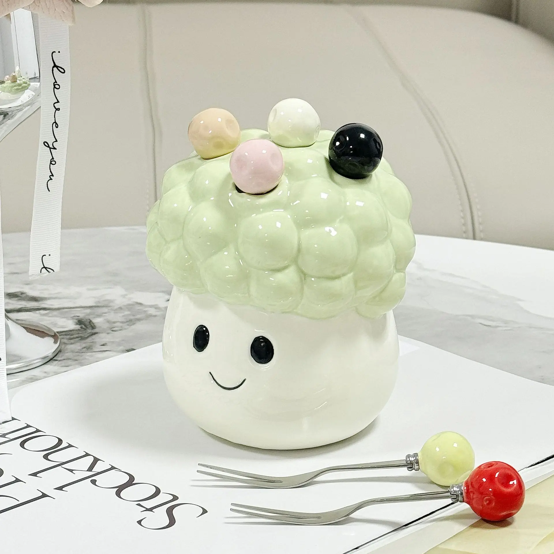 Cauliflower and Fruit Fork Set,Stainless Steel Small Fork Storage Jar for Household Desserts,Cute Desktop Ornament Easy To Clean