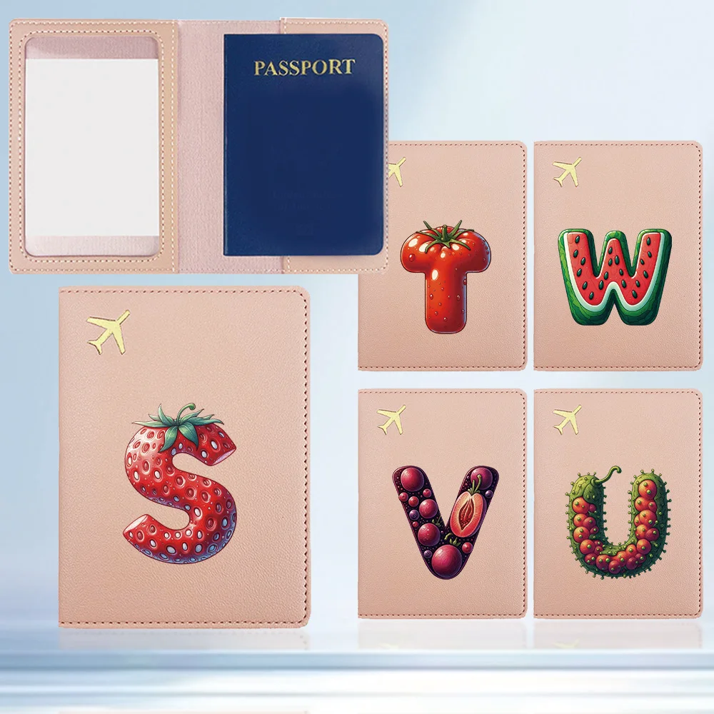 Portable Durable Passport Storage Case Premium PU Passport Set Fruit Letter Initial Name 26 Letters Pattern