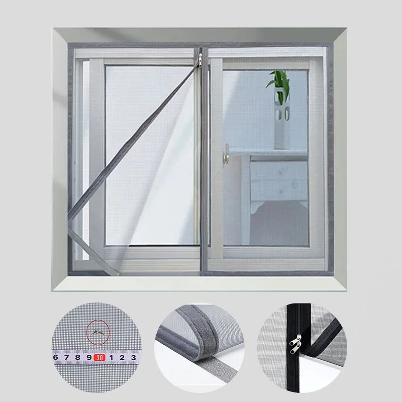 Summer, Gray, Mosquito Net Mesh, Window Screen, Double Zipper Self-Adhesive Window Mosquito Net, Zippered Household Mosquito Net