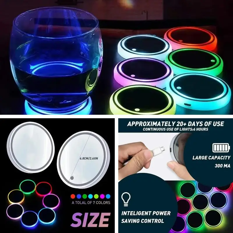 RGB LED Car Cup Holder Pad, Color Breathing Atmosphere Backlight, Waterproof Cup Mat, Universal Vehicle Interior Decoration Auto