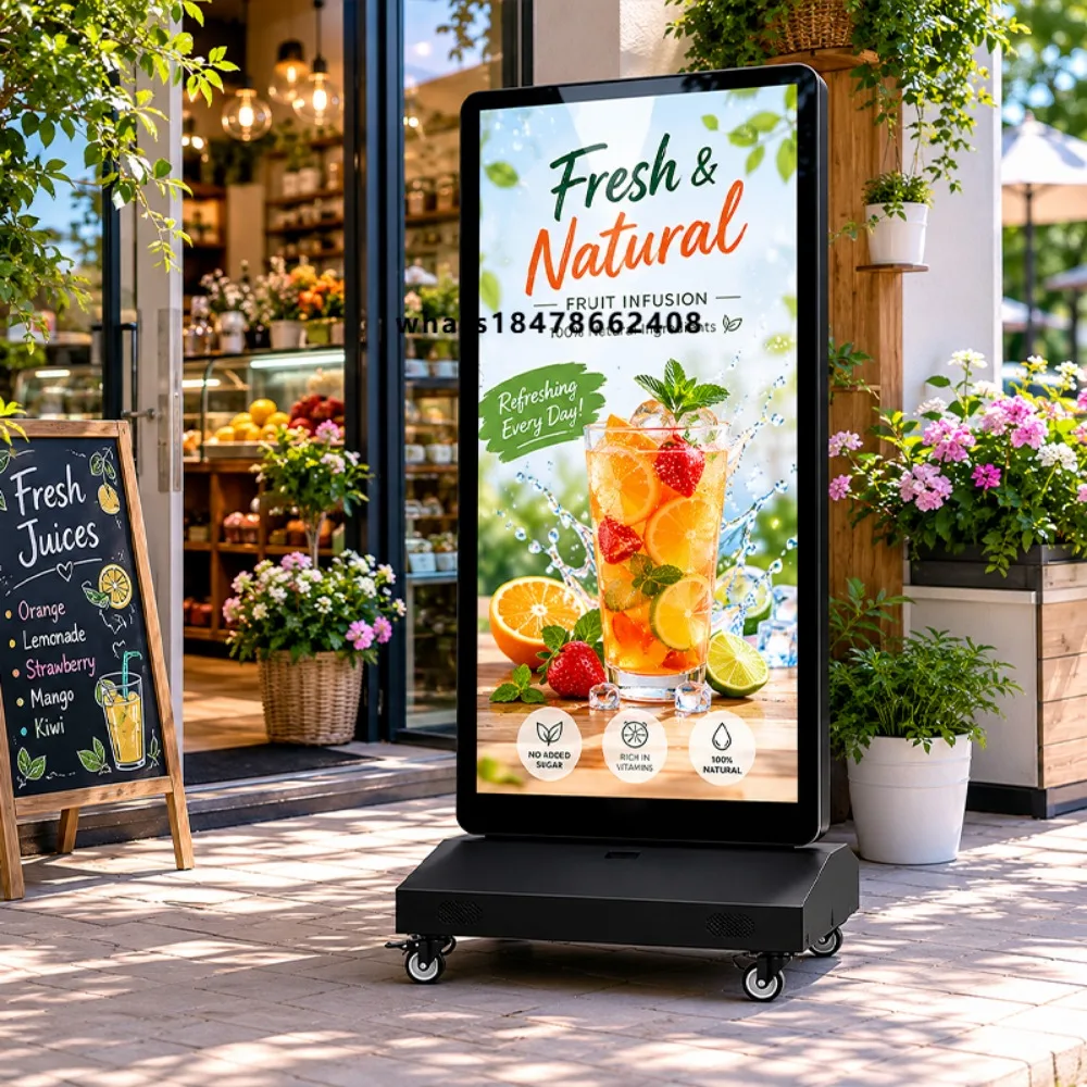 Weatherproof Dual Display Advertising Player Floor Standing Mobile Signage Unit Battery Driven Commercial Promotion Screen