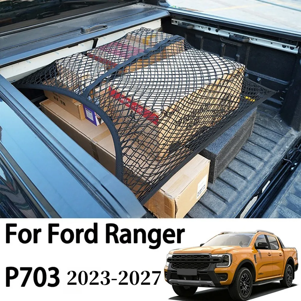 For Ford Ranger P703 T9 XL XLT Wildtrak Raptor 2023-2026 Rear Trunk Net Luggage Cargo Fixed Strap Traveling Storage Organizer