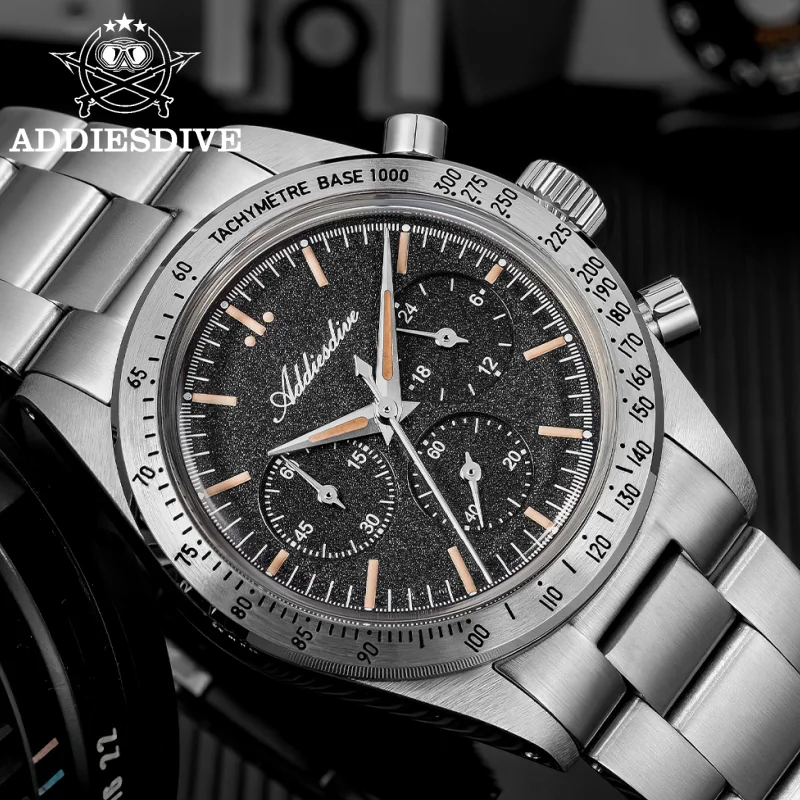 ADDIESDIVE 37mm Men Watch 10Bar Waterproof AD2552 316L Stainless Steel 0S20 C3 Vintage Luminous Luxury  Chronograph Quartz Watch