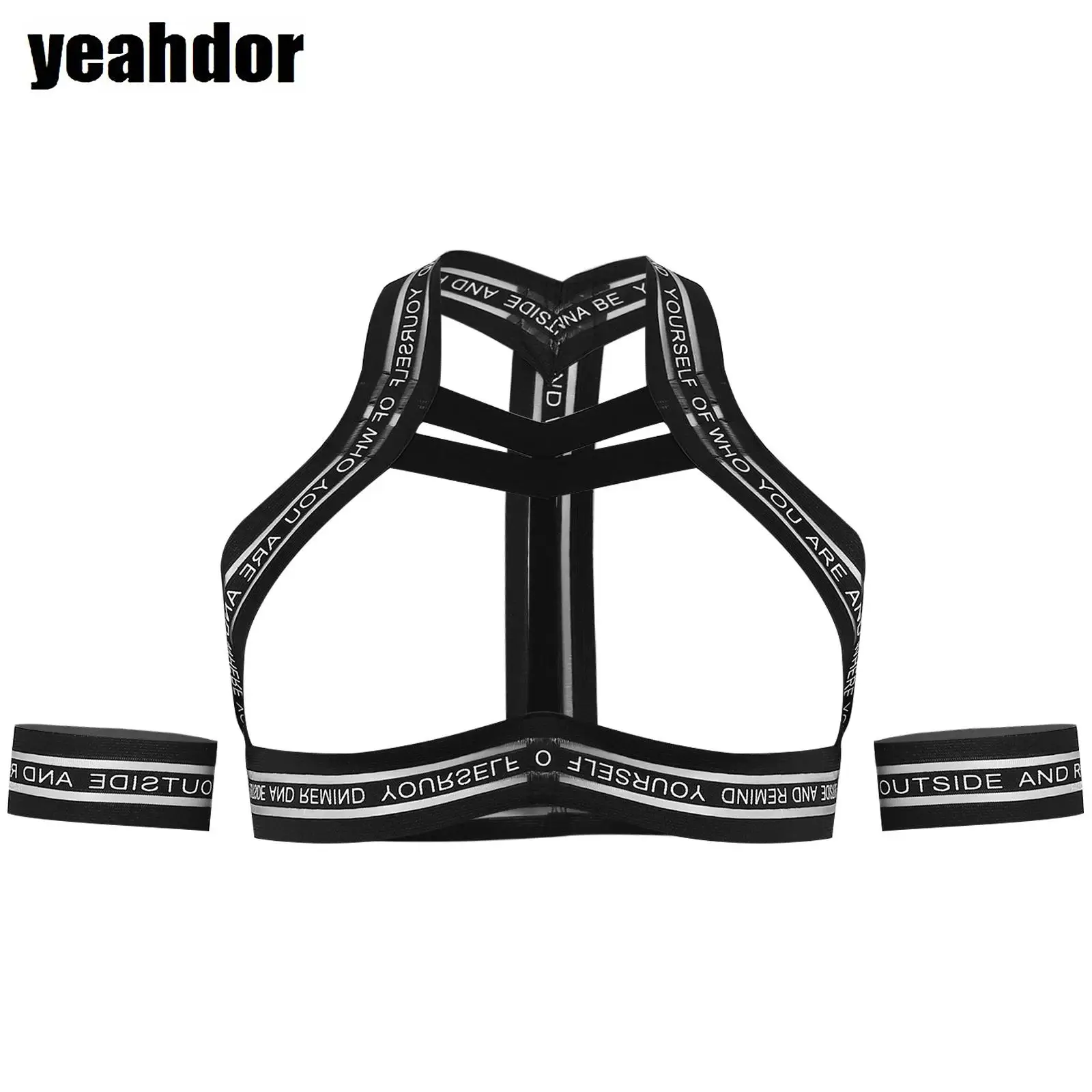 Mens Body Chest Harness with Arm Bands Metal O-ring Hollow Out Elastic Band Halter Body Belt Clubwear to Show Muscle