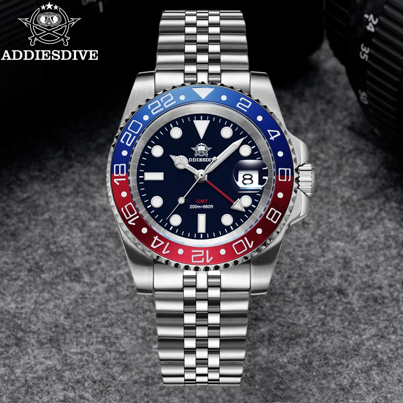 ADDIESDIVE Watch For Man GMT BGW9 Super Luminous 316L Stainless Steel 20Bar Diving Ceramic Bezel Quartz Watch