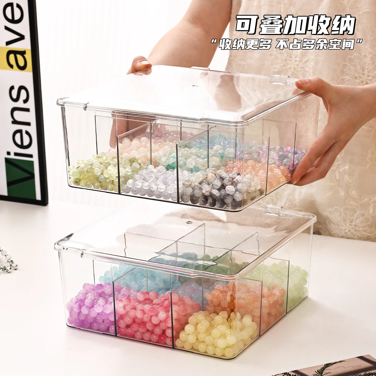 9-Grid Handmade Bead Storage Box With Cover, Dust-proof Desktop Organizer Box, Transparent Jewelry Divider Box