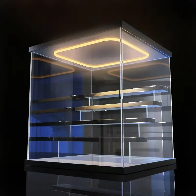 Ring LED Lighted Display Case with Steps and Door, Clear Acrylic Display Box for Collections, Desktop Dust Organizer for Model