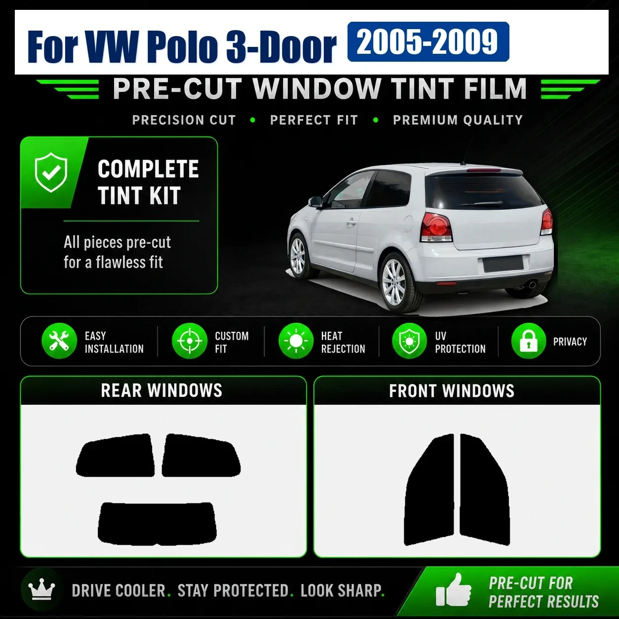 Premium Precut Window Tint for VW Polo 3‑Door 2005‑2009 Front Rear Windows UV Heat Rejection Anti‑Scratch Privacy Film car