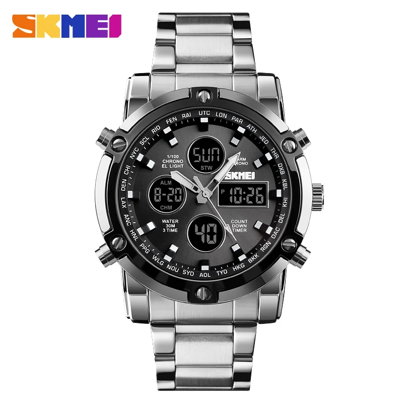SKMEI Digital Quartz Watch Men Three Time Quartz Wrist Mens Watch Countdown Steel Strap Wristwatch Clock Relogio Masculino 1389