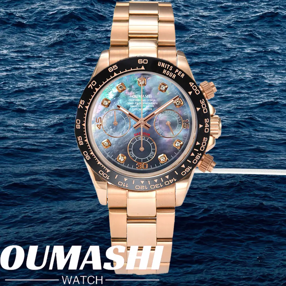 VK63 Watches 39.3mm Pearl Pearl shell Texture Men Watch 6 Hands Chronograph Function Sapphire glass 10ATM Water Resistant