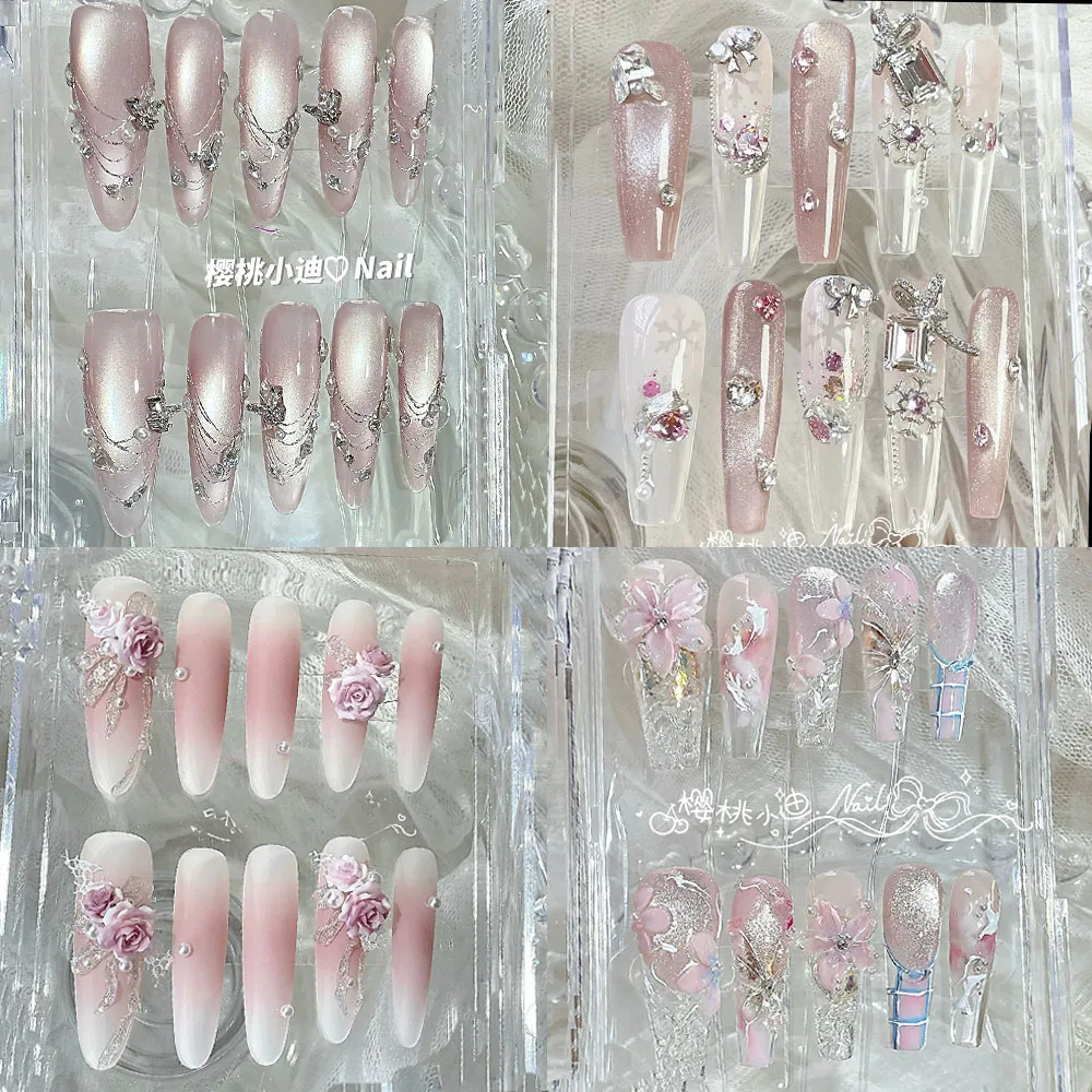 Gentle Ethereal Style Cat Eye Glitter Almond Press-On Nail Stereoscopic Flower Gemstone Pearl Butterfly Nail Patch Birthday Gift