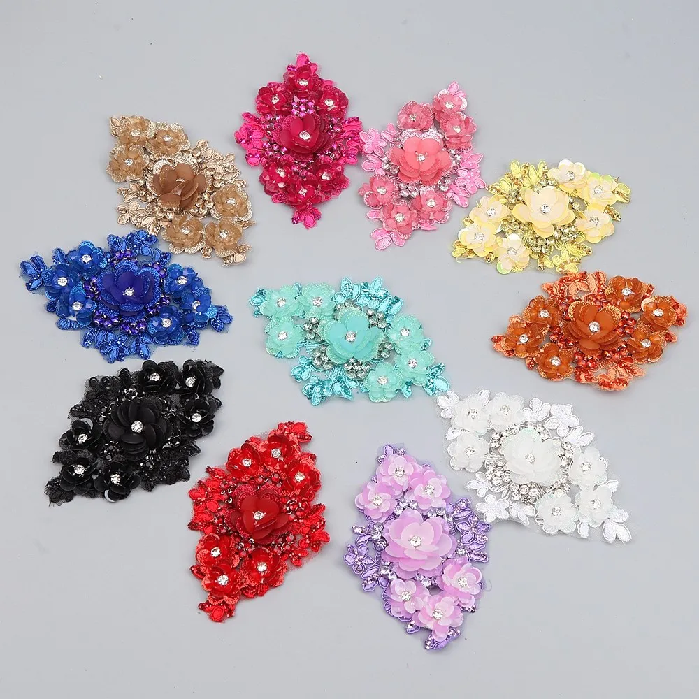 6pcs 3d Handmade  Embroidery Patch Sew On Applique Embroidery Rhinestone Flower Patches For Clothing