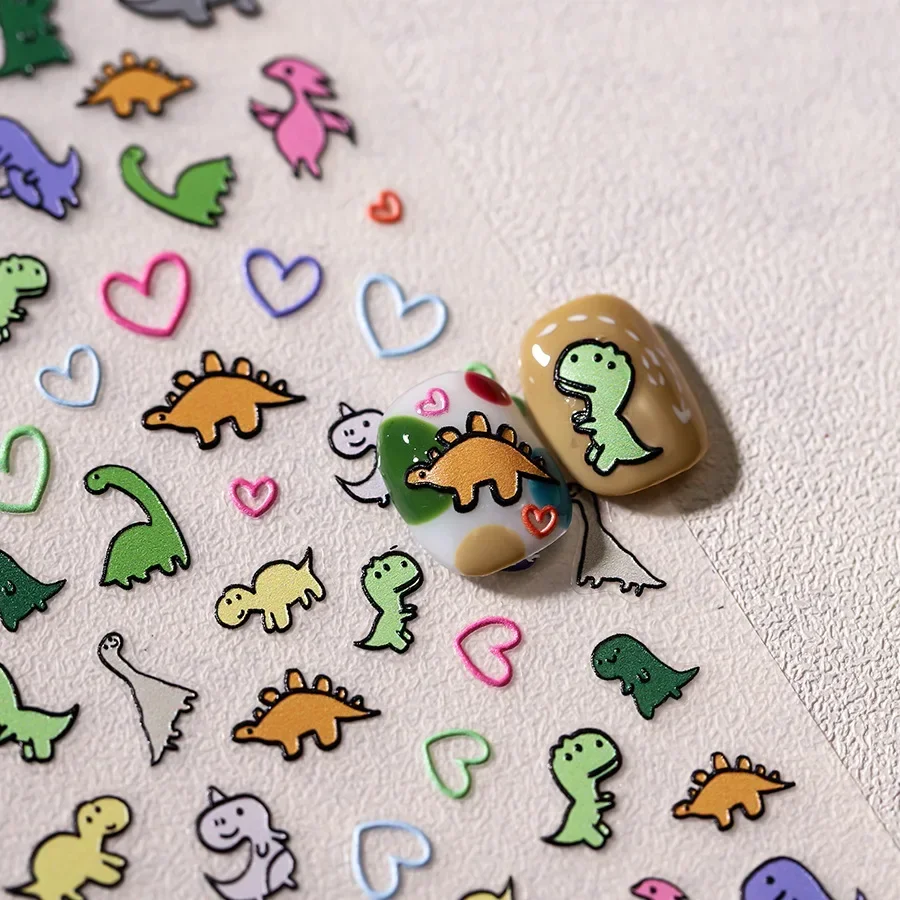 Cute Delicate Colorful Cartoon Dinosaurs Love Heart Grass Animals Embossed Reliefs Adhesive Nail Art Stickers Manicure Decals