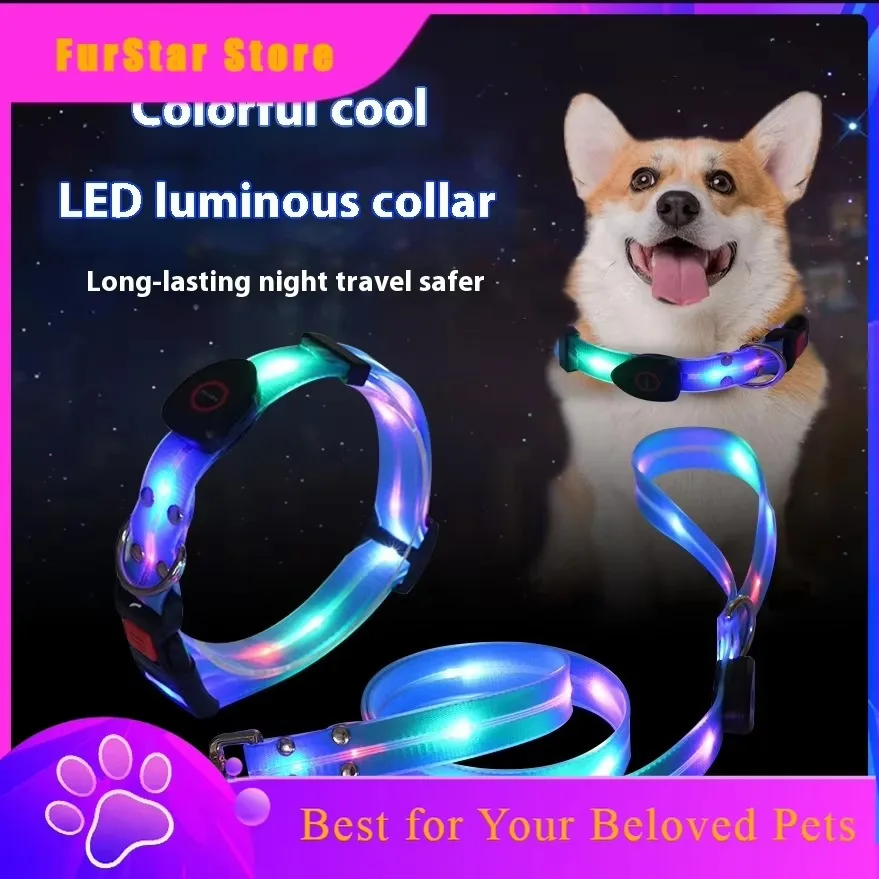 FurstarDog Colorful Led Dog Luminous Collar Rechargeable Luminous Dog Rope Nylon Pvc Wrapped Tape Pet Luminous Collar