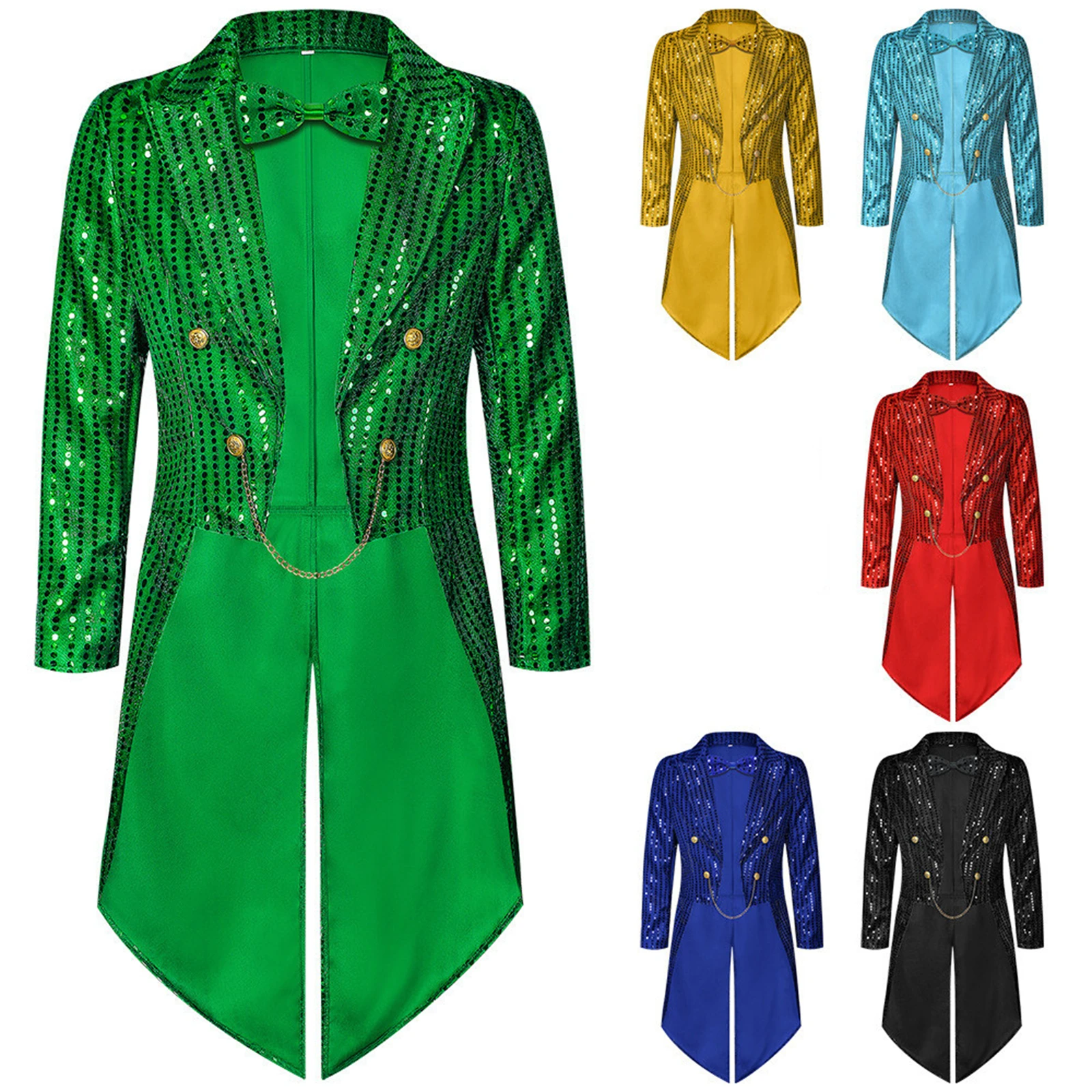 Adult Men Patrick'S Day Irish Green Flowing Light Tailcoat Gothic Jacket Glitter Sparkling Tailcoat Coat Carnival Ball Dress