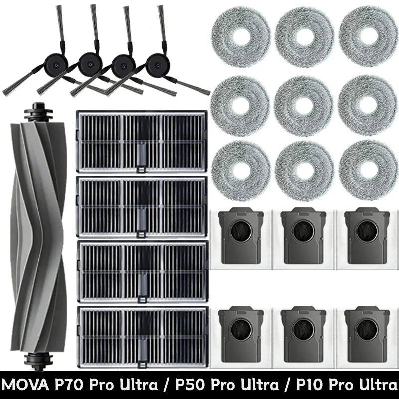 For Mova P70 Pro Ultra / P50 Pro Ultra Robot Vacuum Spare Parts Main Side Brushes Mop Cloths HEPA Filters Dust Bags Accessorie